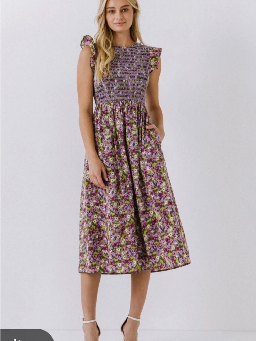 NWT English Factory Floral Smocked Midi Dress Small Smocked Sleeveless Purple